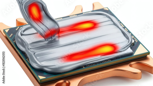 Close up of heat sink with thermal paste and heat distribution spots