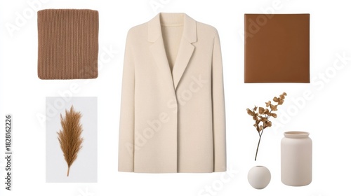Neutral Tones Mood Board Cream Blazer, Brown Textures and Pampas Grass, Minimalist ,Warmth