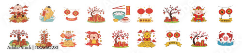 Set of Cute Illustrations for Chinese New Year, Baby, and Zodiac Animals.