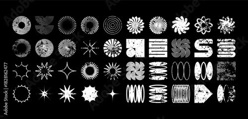 Brutalist geometric shapes, modern grunge symbols. Simple primitive elements and forms, distressed details. Retro design, aged, vintage, trendy contemporary minimalist style, y2k. Vector illustration