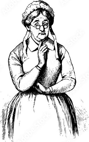 A black and white line art illustration, of an elderly senior woman with glasses, and a bonnet, wearing a long 1800s period dress. She has her hand raised to her chin in pensive contemplation, thinkin