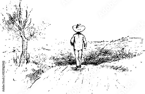 Vintage drawing of a boy wearing a straw hat, walking along a trail, on a hill.