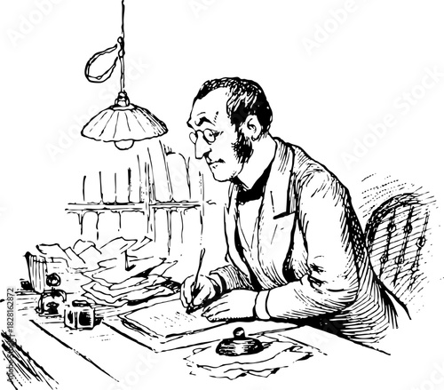 Man seated at a low desk writing with a pen. Monochrome Vintage line drawing from the1890s, representing the culture and fashion of the times.