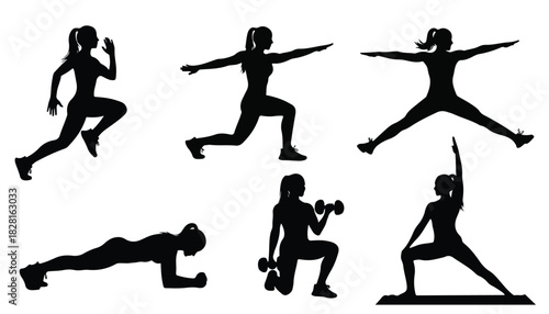 Silhouette illustrations of a woman performing various exercises including running, lunges, plank, and dumbbell workouts, showcasing fitness activities.