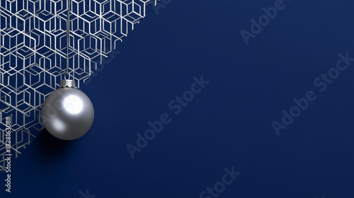 Minimalist Silver Christmas Ornament and Geometric Cubes on Dark Blue Background. Corporate Holiday Card, Luxury Celebration, and Abstract Design Concept.