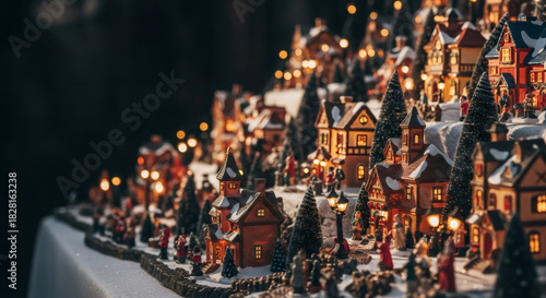 Fototapeta Naklejka Na Ścianę i Meble -  Illuminated miniature Christmas village scene with small houses, trees, and figures for holiday decoration. Festive winter wonderland display.