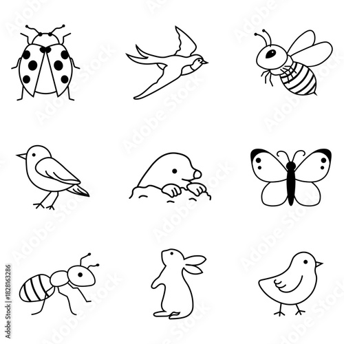 春の動物や昆虫を描いたシンプルな線画イラストセット
