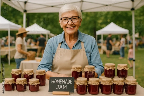 Senior woman selling homemade jam at outdoor farmers market, smiling at camera.