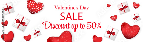 Valentines day sale vector banner design. Valentines day sale discount text with heart shapes and cardboard box. Banner template for a website, advertisement, flyer, booklet, postcard, announcement