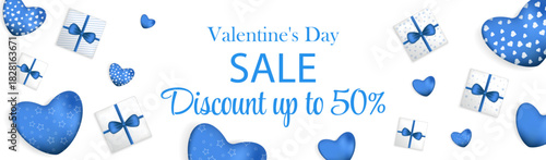 Valentine's sale vector banner design. Valentine's Day store discount promotion template with heart elements. Banner template for websites, advertisements, flyers, brochures, postcards