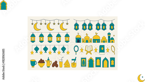Cute Islamic doodle borders combining geometric lines with doodle lanterns, stars, and crescent shapes. Great for invitations, posters, packaging, and decorative layouts