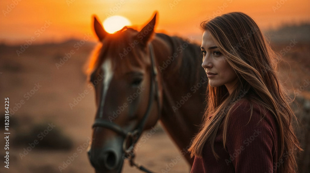 Fototapeta premium Young woman walking with horse at sunset