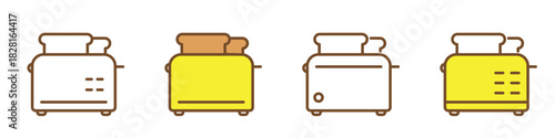 Toaster icons set in solid color and linear styles. Simple kitchen appliance symbols for bread, breakfast, and home cooking themes. Simple design, editable stroke, isolated on transparent background