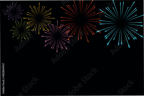 Festive multicolored fireworks PNG. Exploding various fireworks on a transparent background. Festive background.