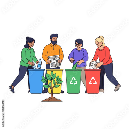 Diverse people sort trash into color-coded recycling bins next to a planted sapling in this vibrant 2D flat vector illustration, promoting conservation and sustainability.