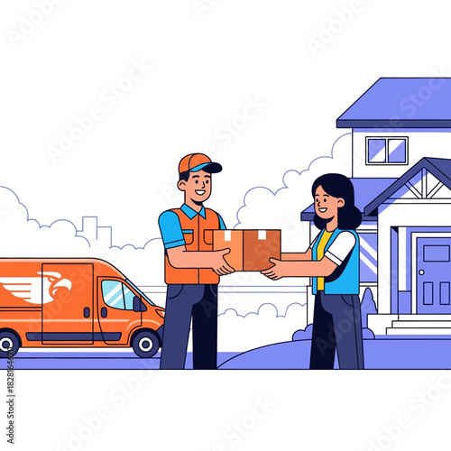 A smiling delivery driver hands a cardboard package box to a happy customer standing outside their suburban home next to a large service van, rendered as a flat 2D vector illustration.