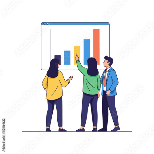 Collaborative team meeting analyzing a large projected digital bar chart pointing out key metrics, rendered as a simplified 2D flat vector illustration with clean outlines and vibrant colors.