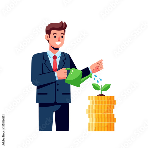 A professional businessman nurtures financial success in this 2D flat vector illustration, carefully watering a robust green plant growing from stacked golden coins.