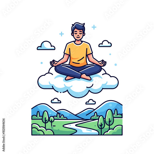 A peaceful young man is meditating in the lotus position while floating lightly upon a fluffy white cloud above a tranquil landscape in a vibrant 2D flat vector illustration.