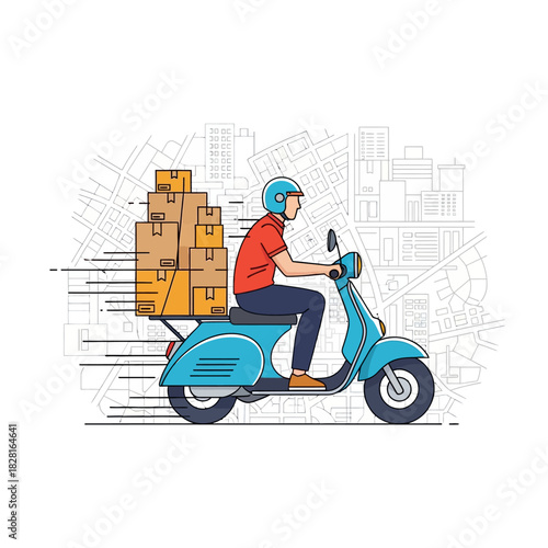 Flat 2D vector illustration depicting a professional delivery man on a scooter, quickly navigating a vibrant city map grid to ensure efficient global shipping logistics.