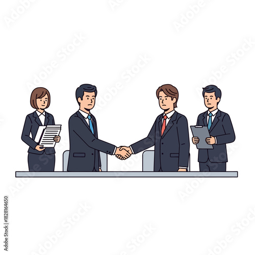 Two corporate executives successfully complete a business merger by shaking hands across a minimalist conference table in a professional 2D flat vector illustration.