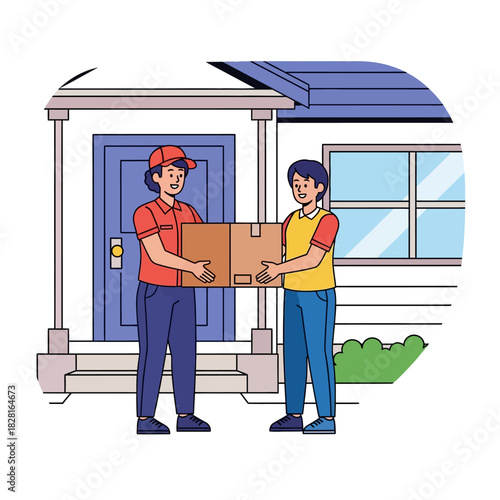 Happy customer receiving a package delivery from a cheerful courier on the front porch of a suburban house, presented as a colorful 2D flat vector illustration.