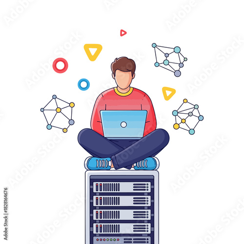 Focused software developer coding on a glowing laptop while sitting cross-legged atop a server rack, a vibrant 2D flat vector illustration surrounded by abstract data points.