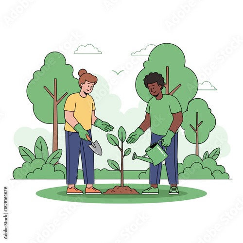 Diverse people are collaborating to plant a green sapling in a lush park using gardening tools, depicted in a vibrant 2D flat vector illustration on a clean white background.