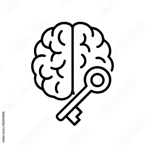 brain with key vector line icon on a white background Vector line icon on a white background