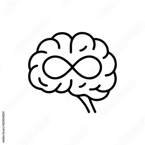 Brain with infinity symbol vector line icon on a white background Vector line icon on a white background