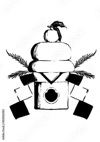 鏡餅の墨絵イラスト