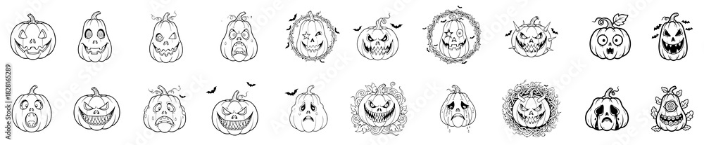 Fototapeta premium Monochrome Halloween Pumpkin Head Carving Vector Graphics Bundle.