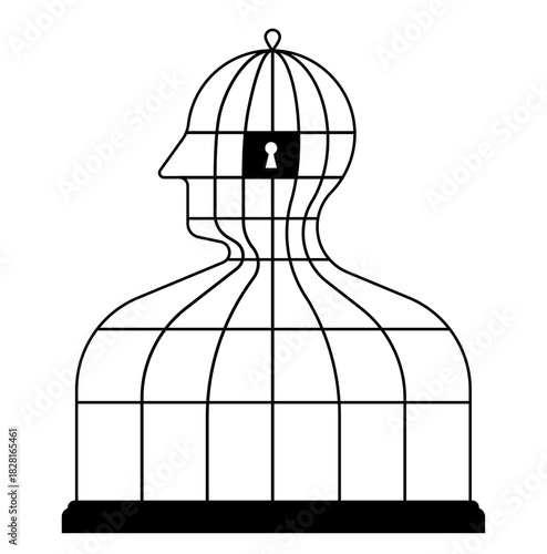 Human body-shaped cage in profile. Empty cage template and abstract confinement concept. Simplicity vector illustration, isolated.