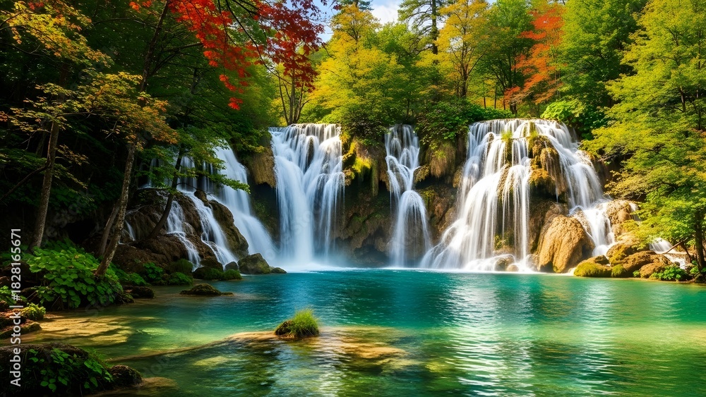 Obraz premium Majestic waterfall cascading into a turquoise pool surrounded by lush autumnal forest