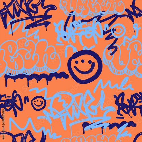Bold vector graffiti seamless pattern with abstract tags