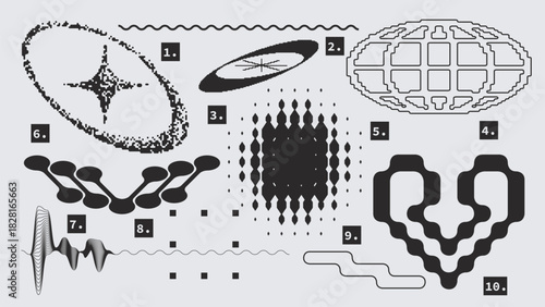 Vector Graphic Assets Set. Shapes in Y2k style, Futuristic, Brutalist, Anti-design