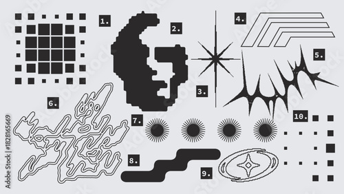 Vector Graphic Assets Set. Shapes in Y2k style, Futuristic, Brutalist, Anti-design
