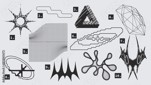 Vector Graphic Assets Set. Shapes in Y2k style, Futuristic, Brutalist, Anti-design