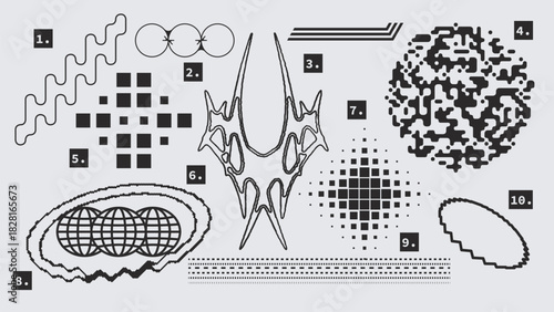 Vector Graphic Assets Set. Shapes in Y2k style, Futuristic, Brutalist, Anti-design
