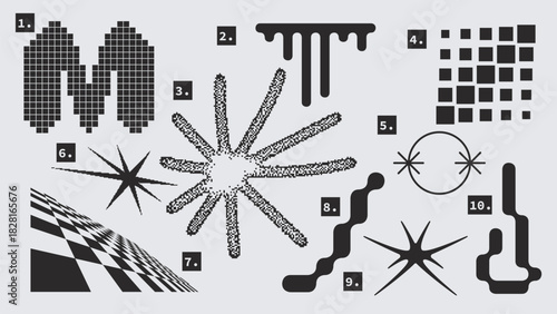 Vector Graphic Assets Set. Shapes in Y2k style, Futuristic, Brutalist, Anti-design