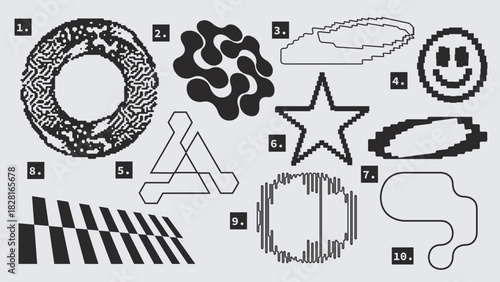Vector Graphic Assets Set. Shapes in Y2k style, Futuristic, Brutalist, Anti-design