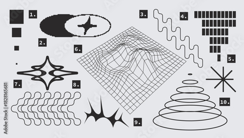 Vector Graphic Assets Set. Shapes in Y2k style, Futuristic, Brutalist, Anti-design