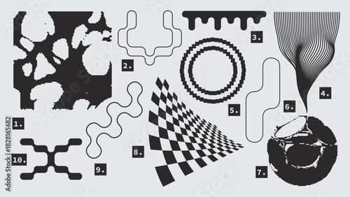 Vector Graphic Assets Set. Shapes in Y2k style, Futuristic, Brutalist, Anti-design