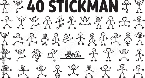 Collection of Forty Stickman Illustrations on Transparent Backdrop