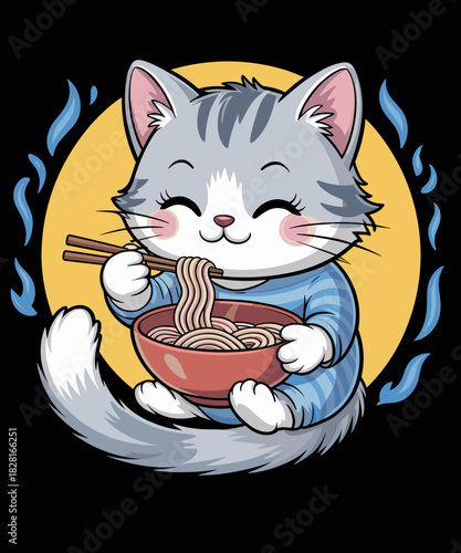 Kawaii Cat Eating Ramen Noodles Otaku Manga Funny Anime