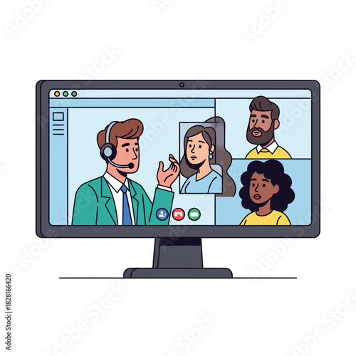 Three diverse professionals engage in a remote group video conference call displayed on a desktop monitor, vividly depicted in a flat 2D vector illustration style.