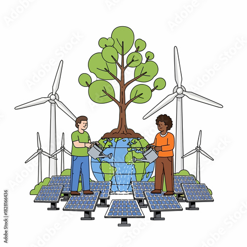 Two diverse people collaboratively water a massive sapling growing out of the earth globe, surrounded by wind turbines and solar panels, in a vibrant 2D flat vector illustration.