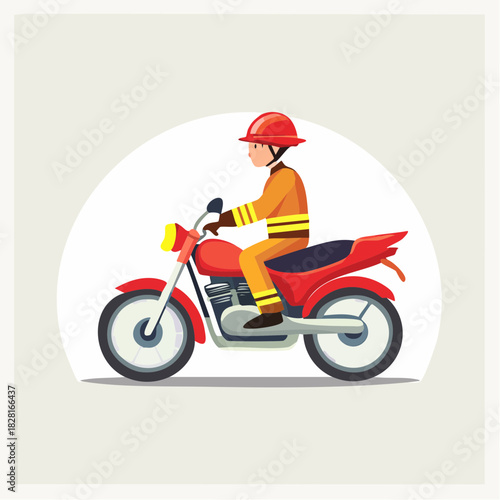 Brave firefighter riding a motorcycle to an emergency, equipped with helmet and uniform, isolated white background.