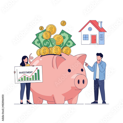 Saving and investment goals are visualized as a young couple examines a large piggy bank and finance charts near a house icon in a vibrant flat 2D vector illustration.