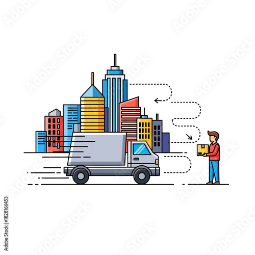 A vibrant 2D flat vector illustration shows a speedy commercial delivery truck driving through a stylized cityscape along shipping route lines to a customer receiving a package on a white background.